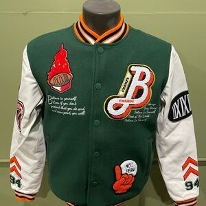 Bleecker&Mercer jacket varsity green/white bomber snap button